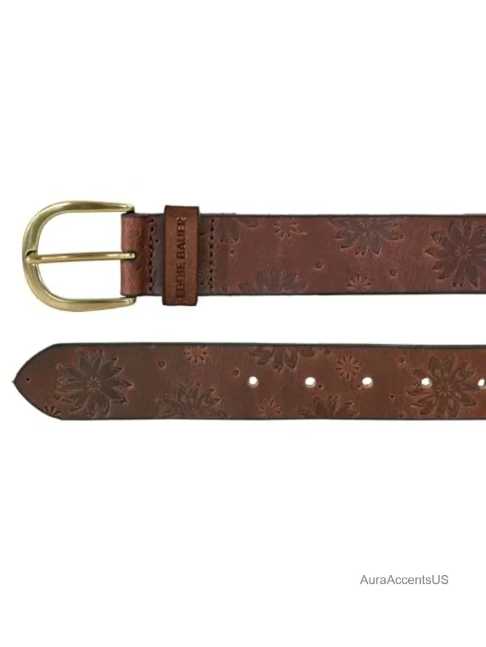 Women's Casual Leather Belt with Tooled Floral Pattern, Metal Buckle